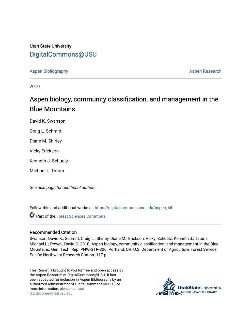 Aspen Biology, Community Classification, and Management in the Blue Mountains