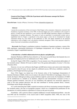 Genesis of Karl Popper's EPR-Like Experiment and Its Resonance Amongst the Physics Community in the 1980S Abstract Keywords