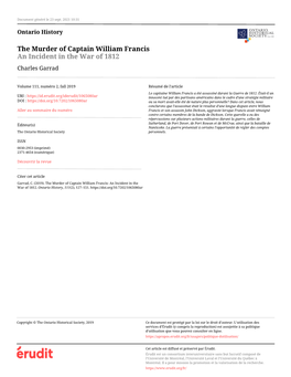 The Murder of Captain William Francis: an Incident in the War of 1812
