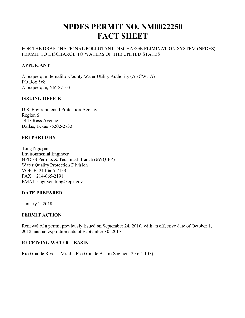 Npdes Permit No. Nm0022250 Fact Sheet