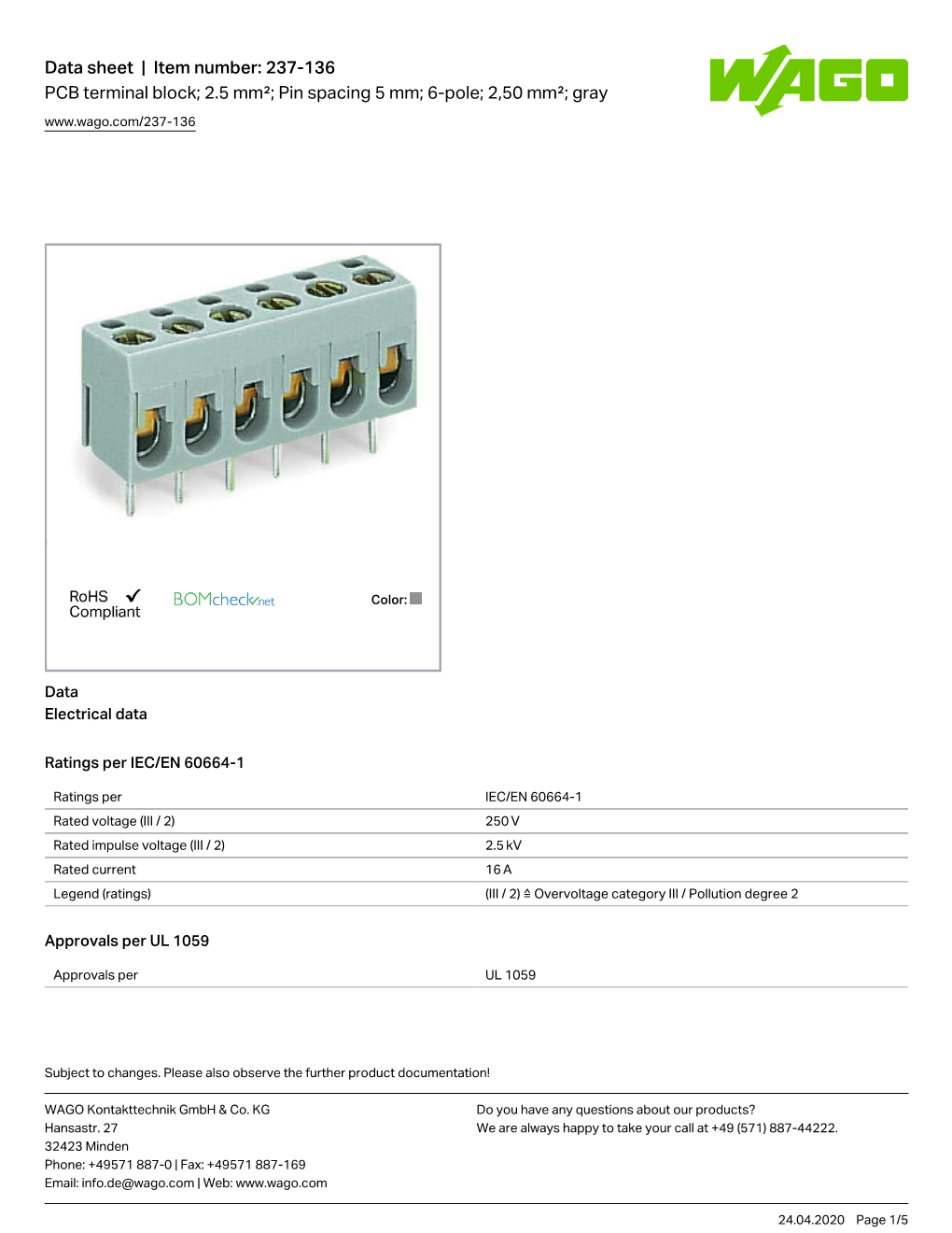 Data Sheet | Item Number: 237-136 PCB Terminal Block; 2.5 Mm²; Pin Spacing 5 Mm; 6-Pole; 2,50 Mm²; Gray