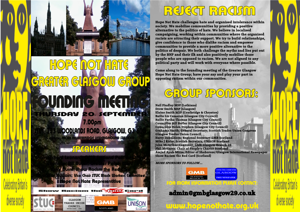 Founding Meeting of the Greater Glasgow Hope Not Hate Group; Have Your Say and Play Your Part in GREATER GLASGOW GROUP Opposing Racism Within Our Communities