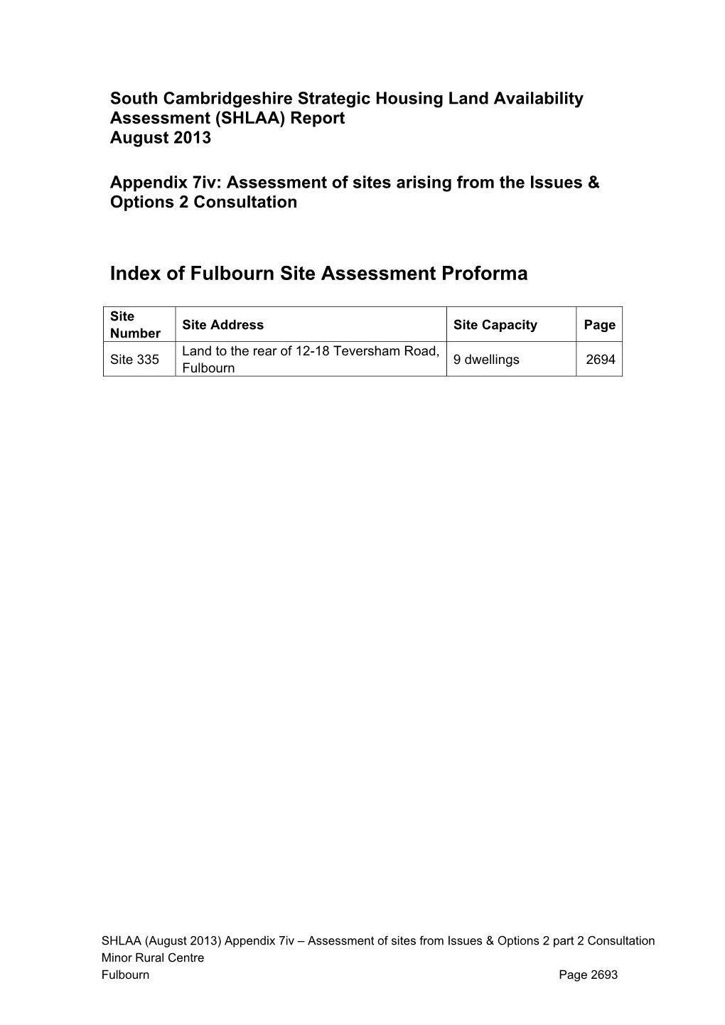 Fulbourn Site Assessment Proforma