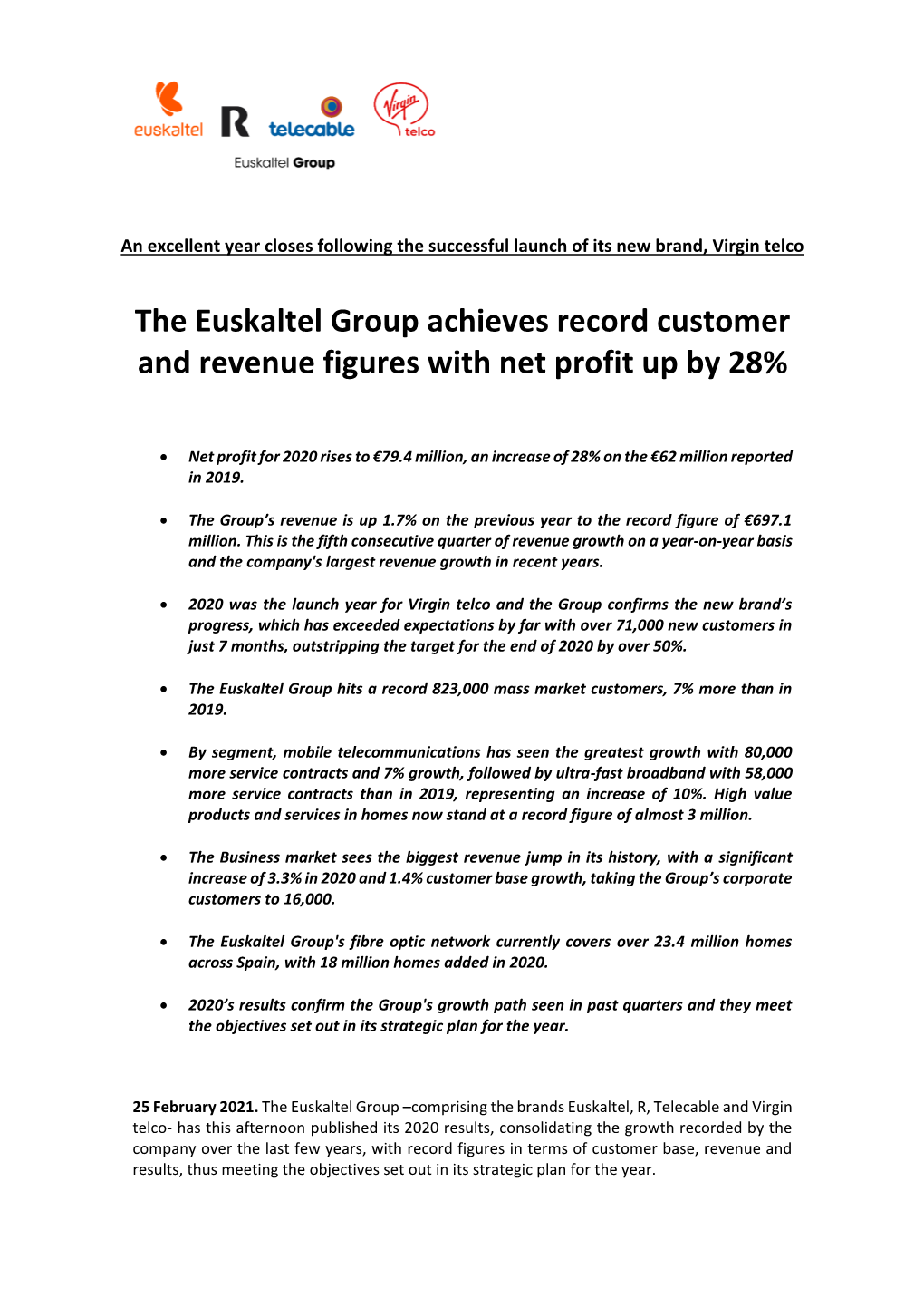 The Euskaltel Group Achieves Record Customer and Revenue Figures with Net Profit up by 28%