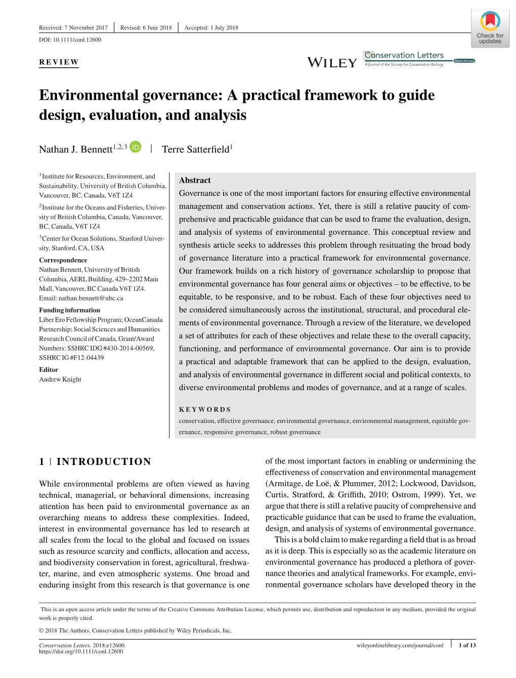 Environmental Governance: a Practical Framework to Guide Design, Evaluation, and Analysis