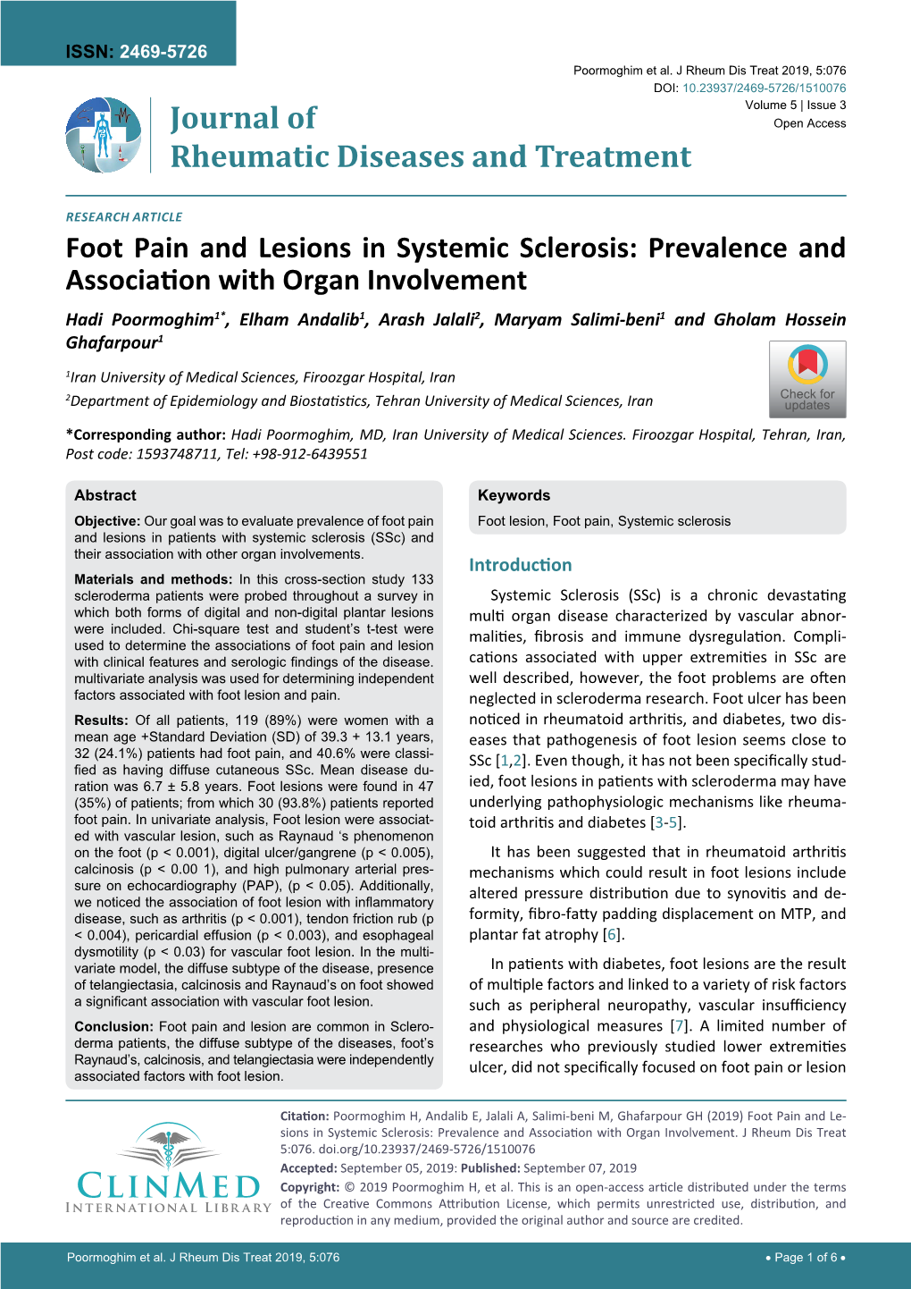 Foot Pain and Lesions in Systemic Sclerosis: Prevalence And