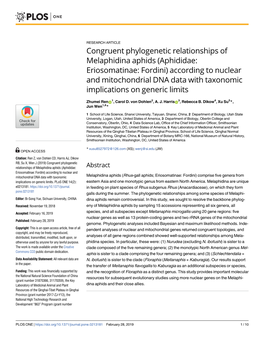 Aphididae: Eriosomatinae: Fordini) According to Nuclear and Mitochondrial DNA Data with Taxonomic Implications on Generic Limits