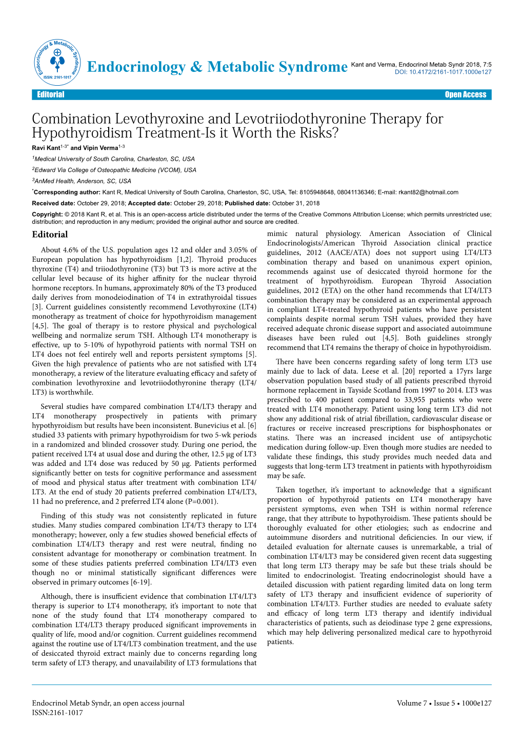 Combination Levothyroxine and Levotriiodothyronine Therapy for Hypothyroidism Treatment-Is It Worth the Risks?