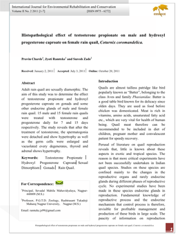 Histopathological Effect of Testosterone Propionate on Male and Hydroxyl Progesterone Caproate on Female Rain Quail, Coturnix Coromandelica