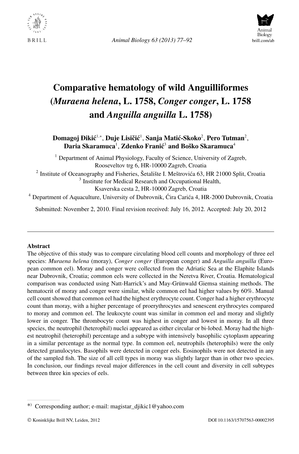 Comparative Hematology of Wild Anguilliformes (Muraena Helena, L