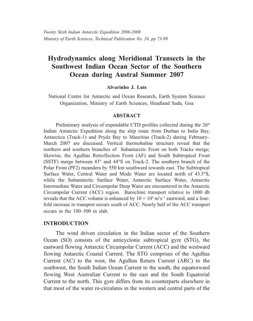 Hydrodynamics Along Meridional Transects in the Southwest Indian Ocean Sector of the Southern Ocean During Austral Summer 2007