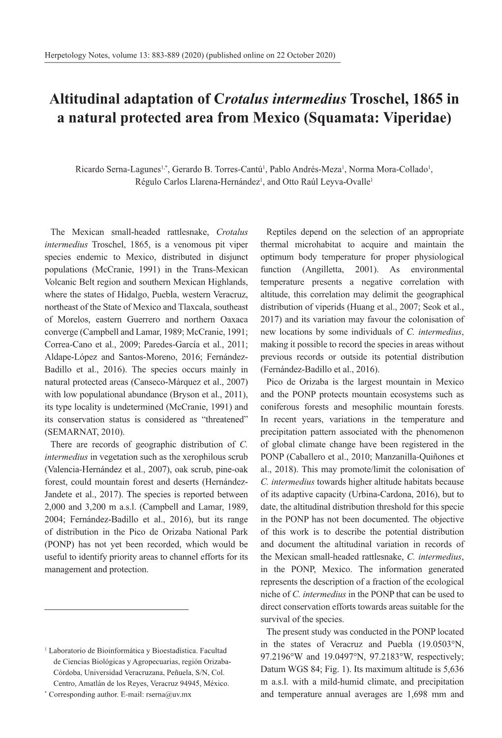 Altitudinal Adaptation of Crotalus Intermedius Troschel, 1865 in a Natural Protected Area from Mexico (Squamata: Viperidae)