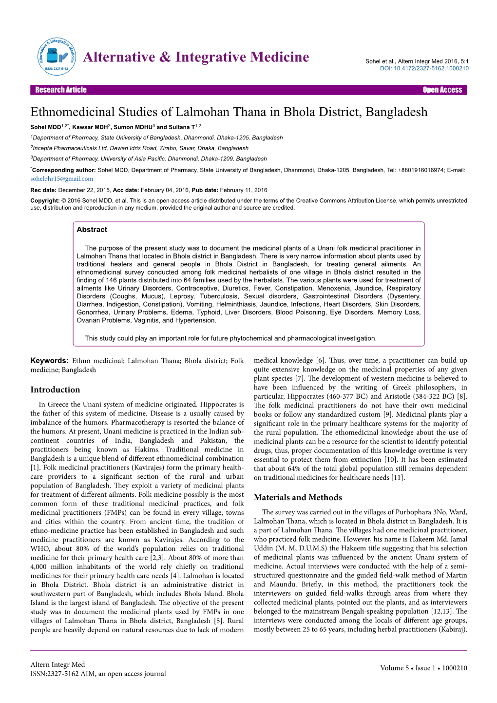 Ethnomedicinal Studies of Lalmohan Thana in Bhola District, Bangladesh