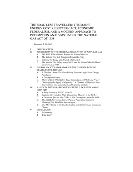 The Maine Energy Cost Reduction Act, Economic Federalism, and a Modern Approach to Preemption Analysis Under the Natural Gas Act of 1938