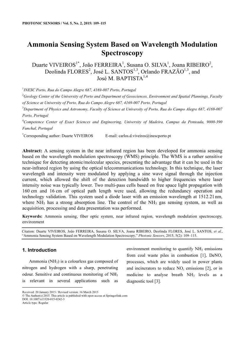Ammonia Sensing System Based on Wavelength Modulation Spectroscopy Duarte VIVEIROS1*, João FERREIRA1, Susana O