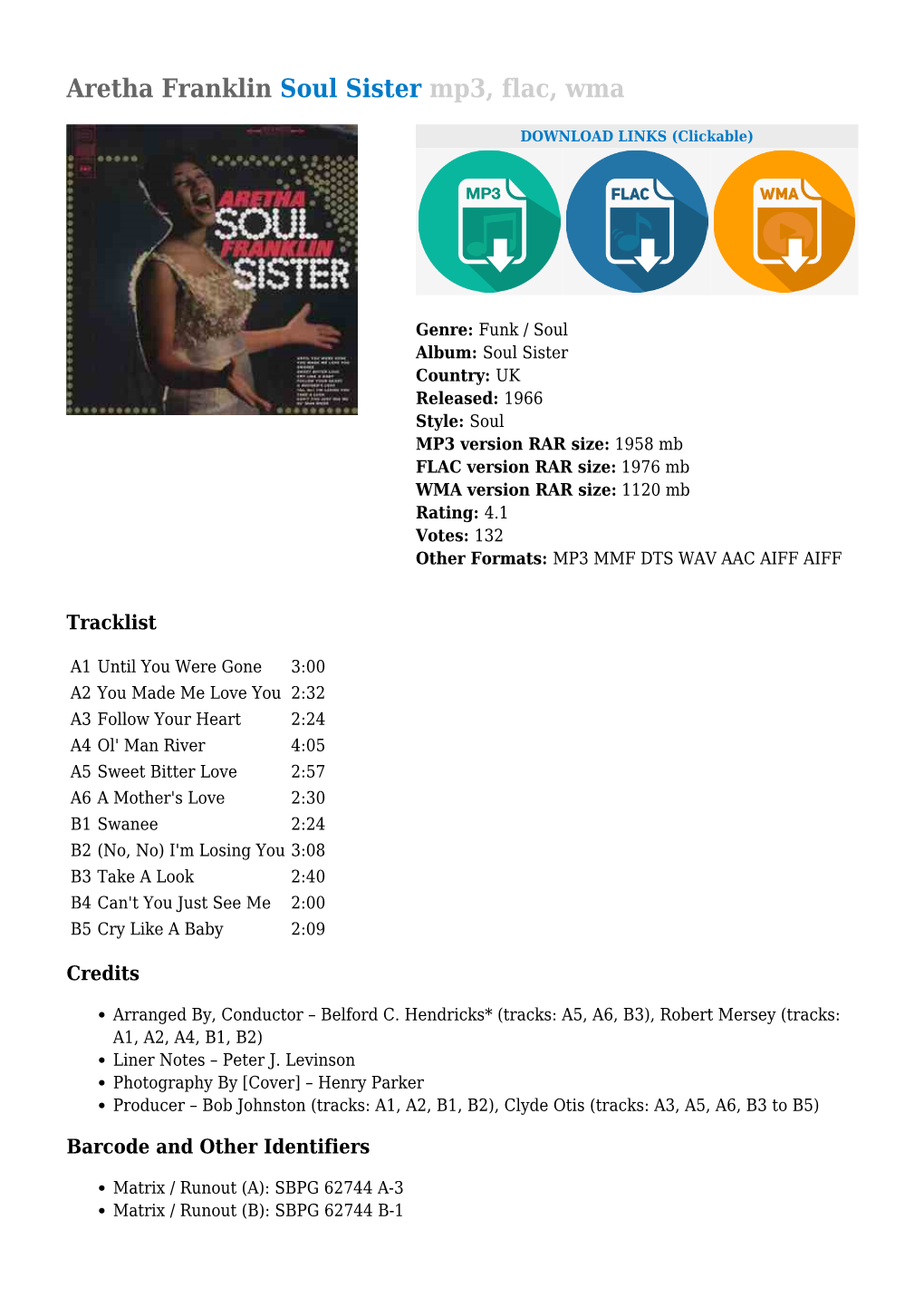 Aretha Franklin Soul Sister Mp3, Flac, Wma