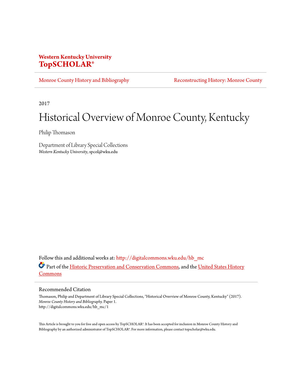 Historical Overview of Monroe County, Kentucky Philip Thomason