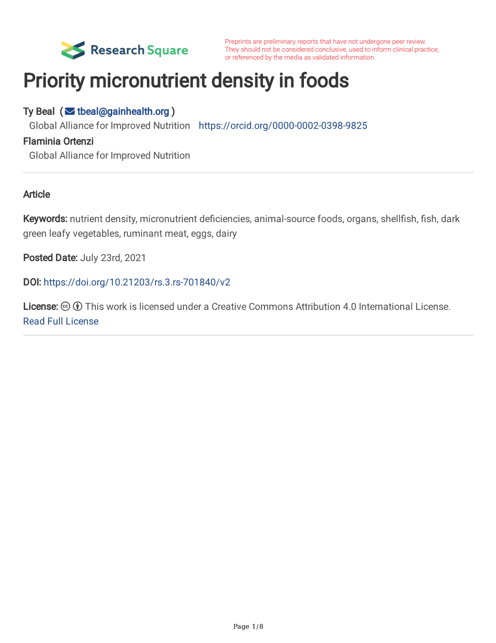 Priority Micronutrient Density in Foods