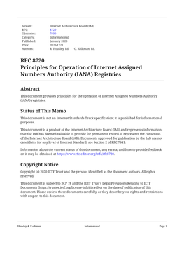 RFC 8720: Principles for Operation of Internet Assigned Numbers Authority (IANA) Registries