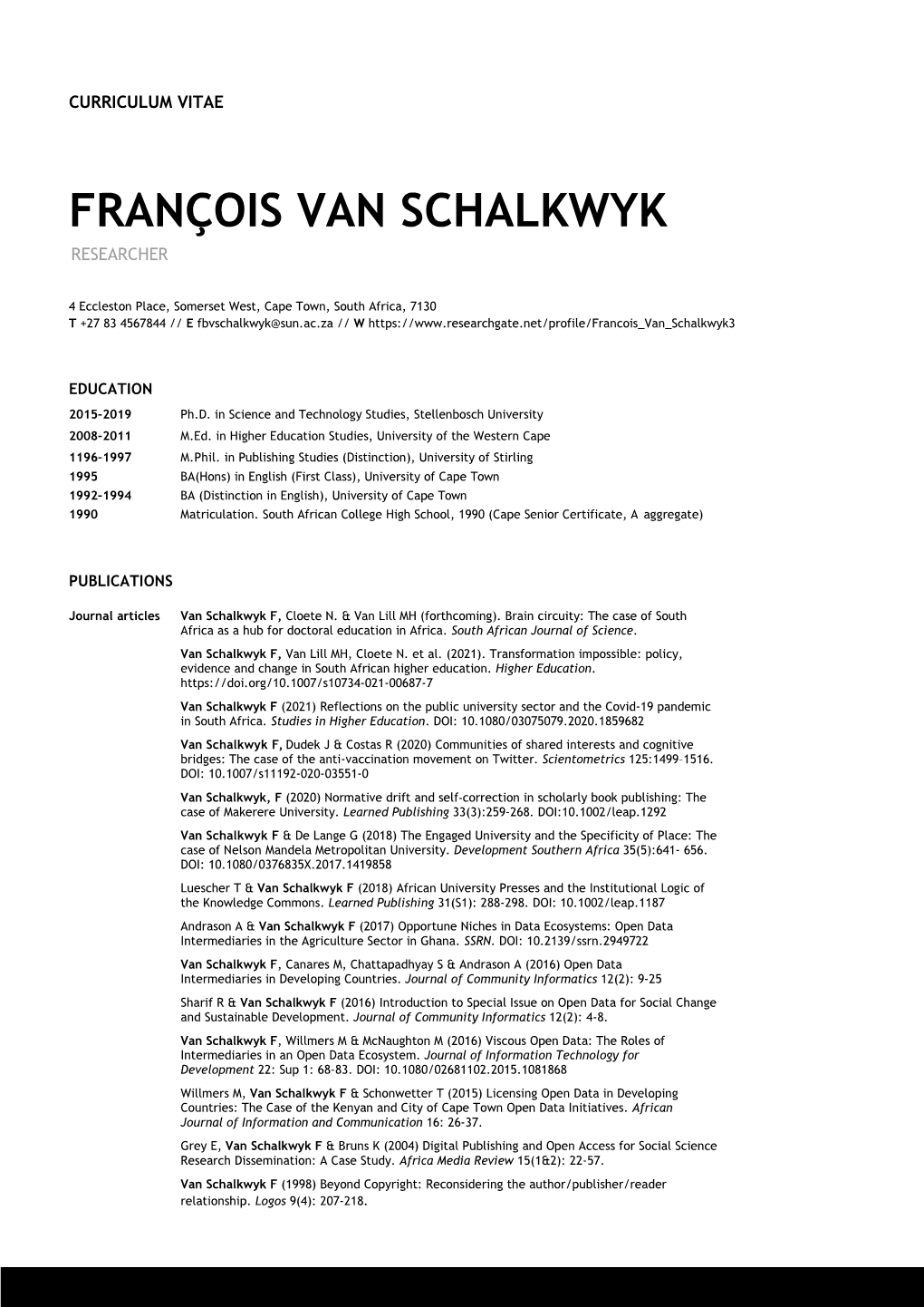François Van Schalkwyk Researcher