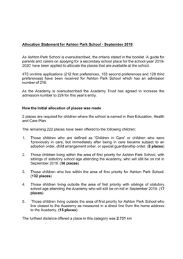 Allocation Statement for Ashton Park School - September 2019