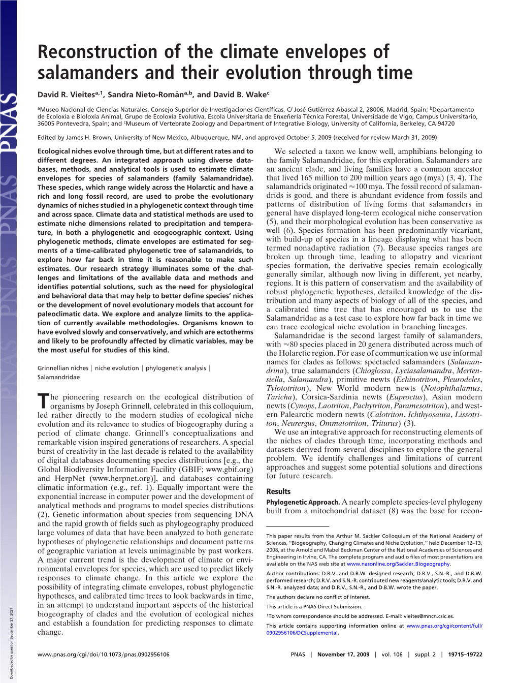 Reconstruction of the Climate Envelopes of Salamanders and Their Evolution Through Time