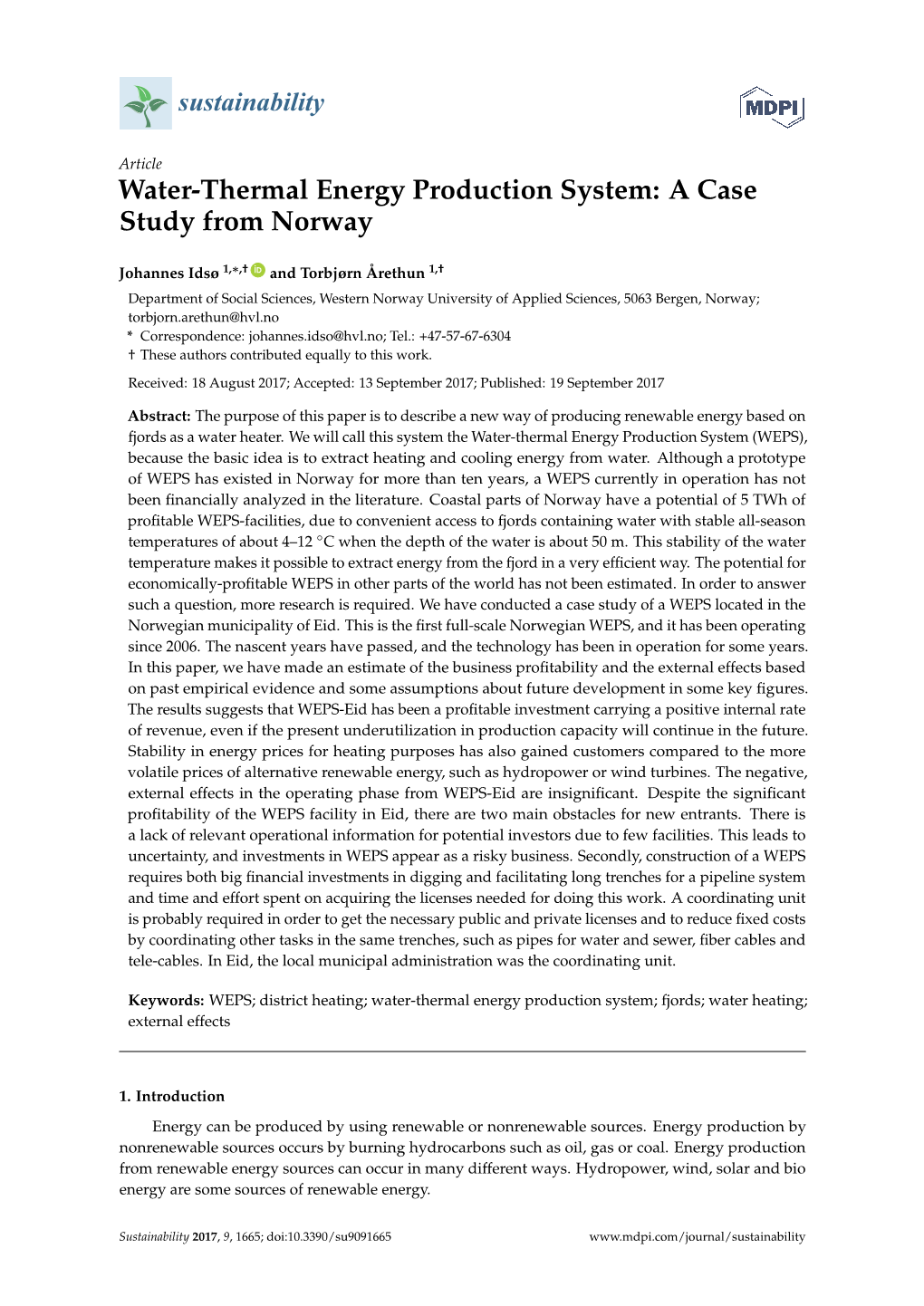 Water-Thermal Energy Production System: a Case Study from Norway