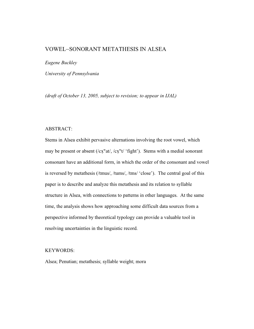 Vowel–Sonorant Metathesis in Alsea