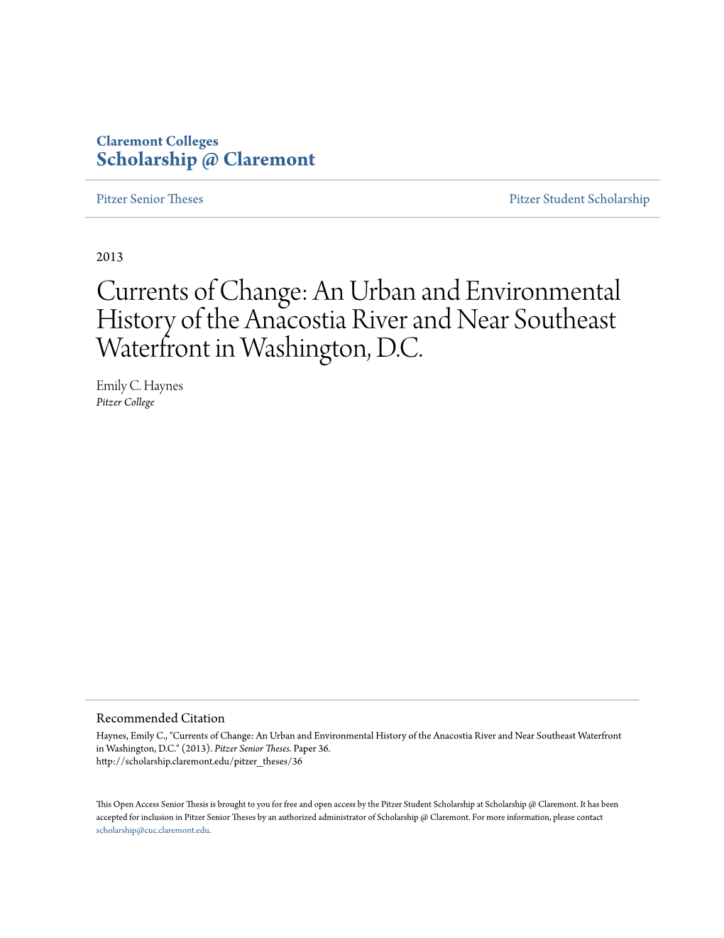 An Urban and Environmental History of the Anacostia River and Near Southeast Waterfront in Washington, D.C