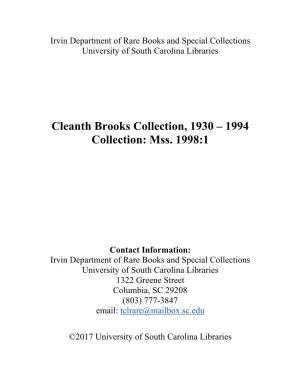 Cleanth Brooks Collection, 1930 – 1994 Collection: Mss