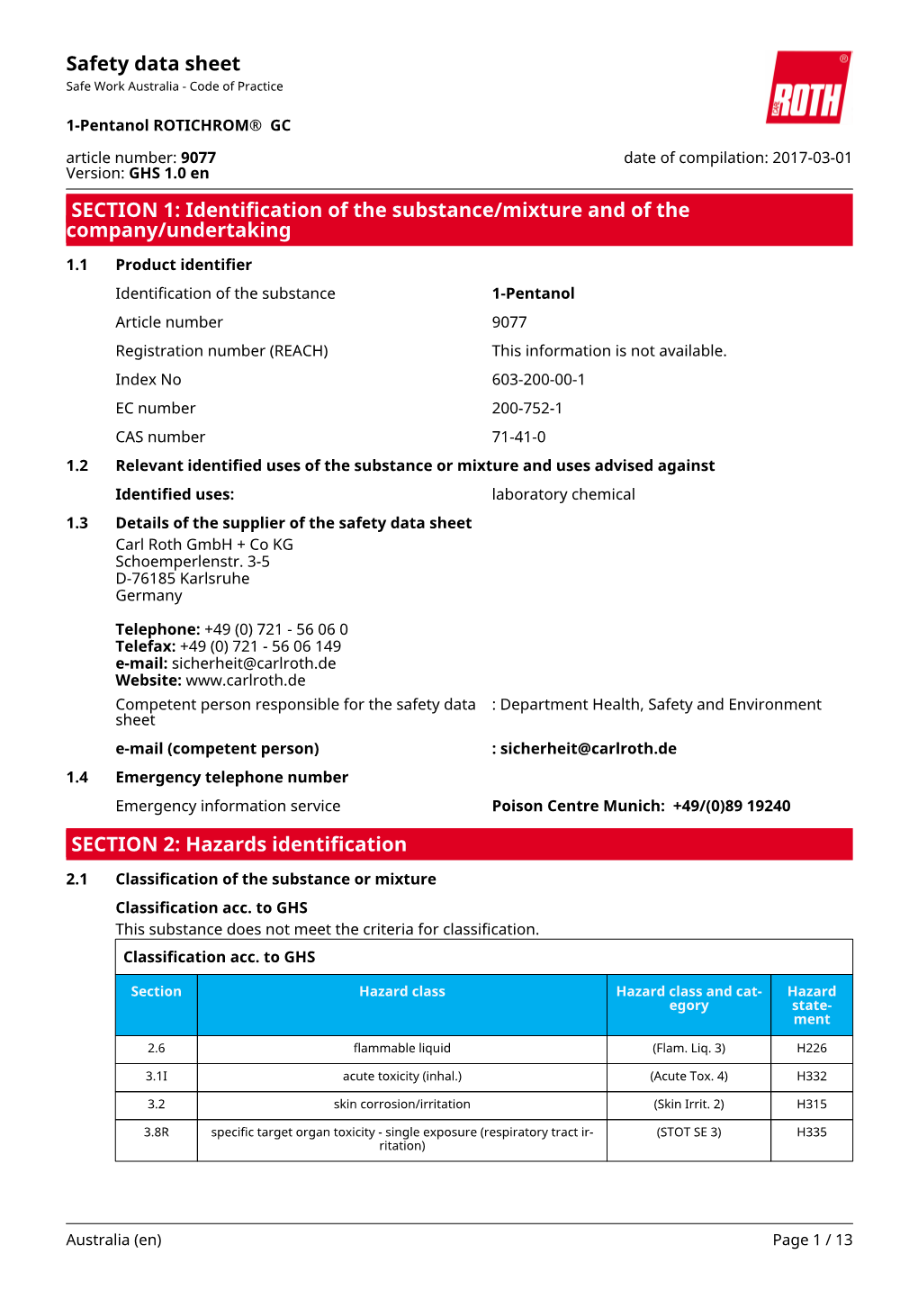 Safety Data Sheet: 1-Pentanol