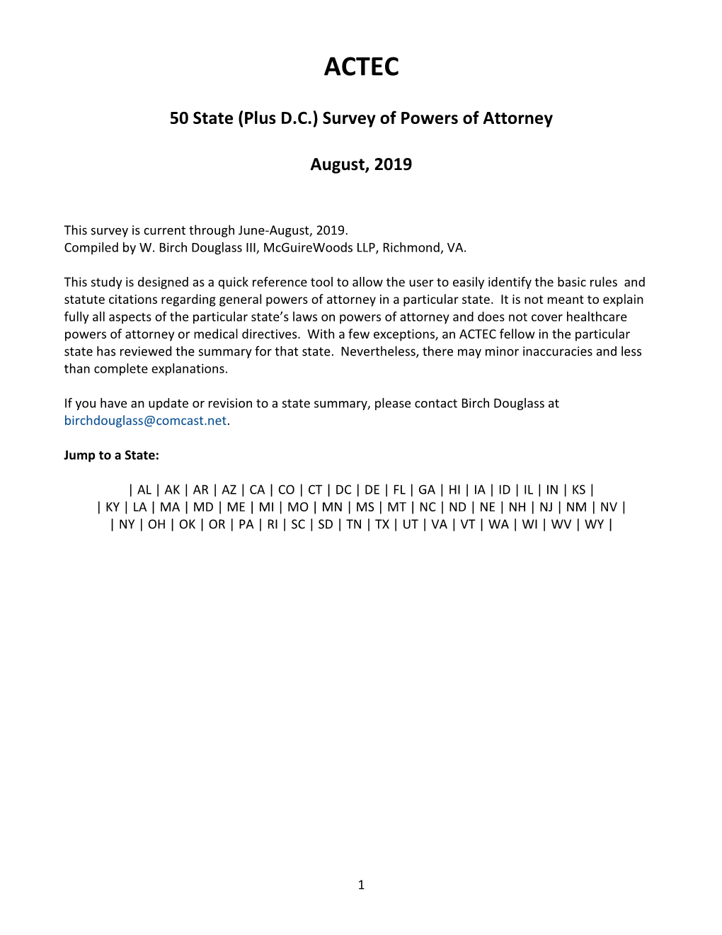 50 State (Plus DC) Survey of Powers of Attorney August, 2019