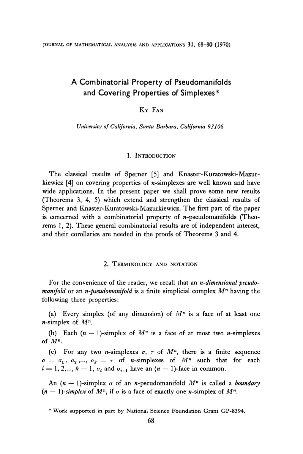 A Combinatorial Property of Pseudomanifolds and Covering Properties of Simplexes*