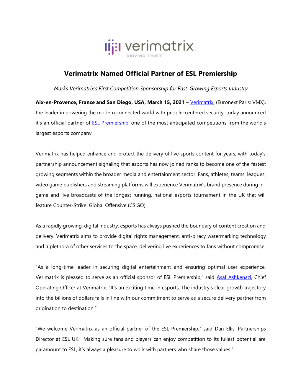 Verimatrix Named Official Partner of ESL Premiership