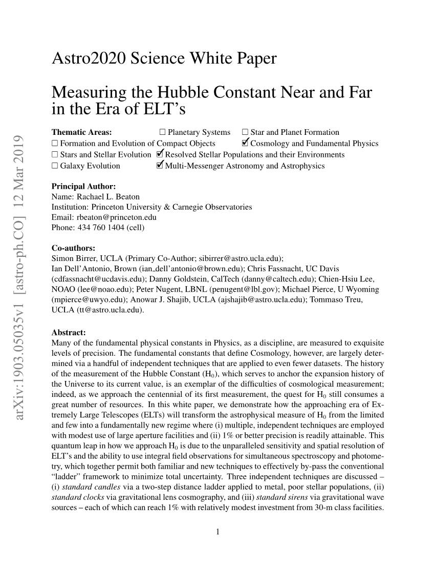 Astro2020 Science White Paper Measuring the Hubble Constant Near and Far in the Era of ELT’S