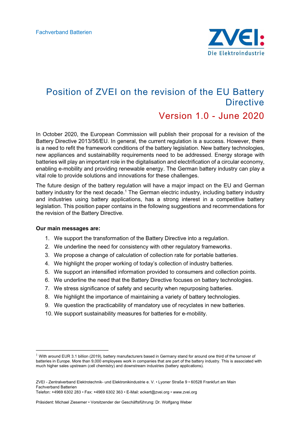 Position of ZVEI on the Revision of the EU Battery Directive Version 1.0 - June 2020