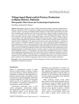 Village-Based Hand-Crafted Pottery Production in Bannu District, Pakistan: Ethnographic Observations and Archaeological Implications