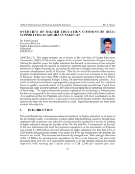Overview of Higher Education Commission (Hec) Support for Academia in Pakistan