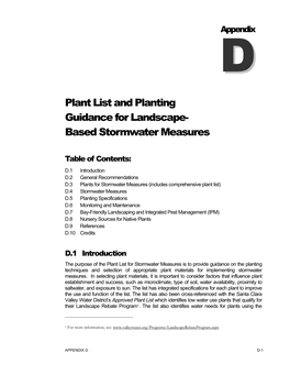 Plant List and Planting Guidance for Landscape- Based Stormwater Measures