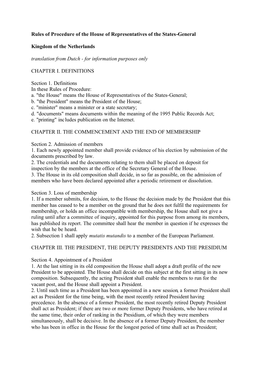 Rules of Procedure of the House of Representatives of the States-General