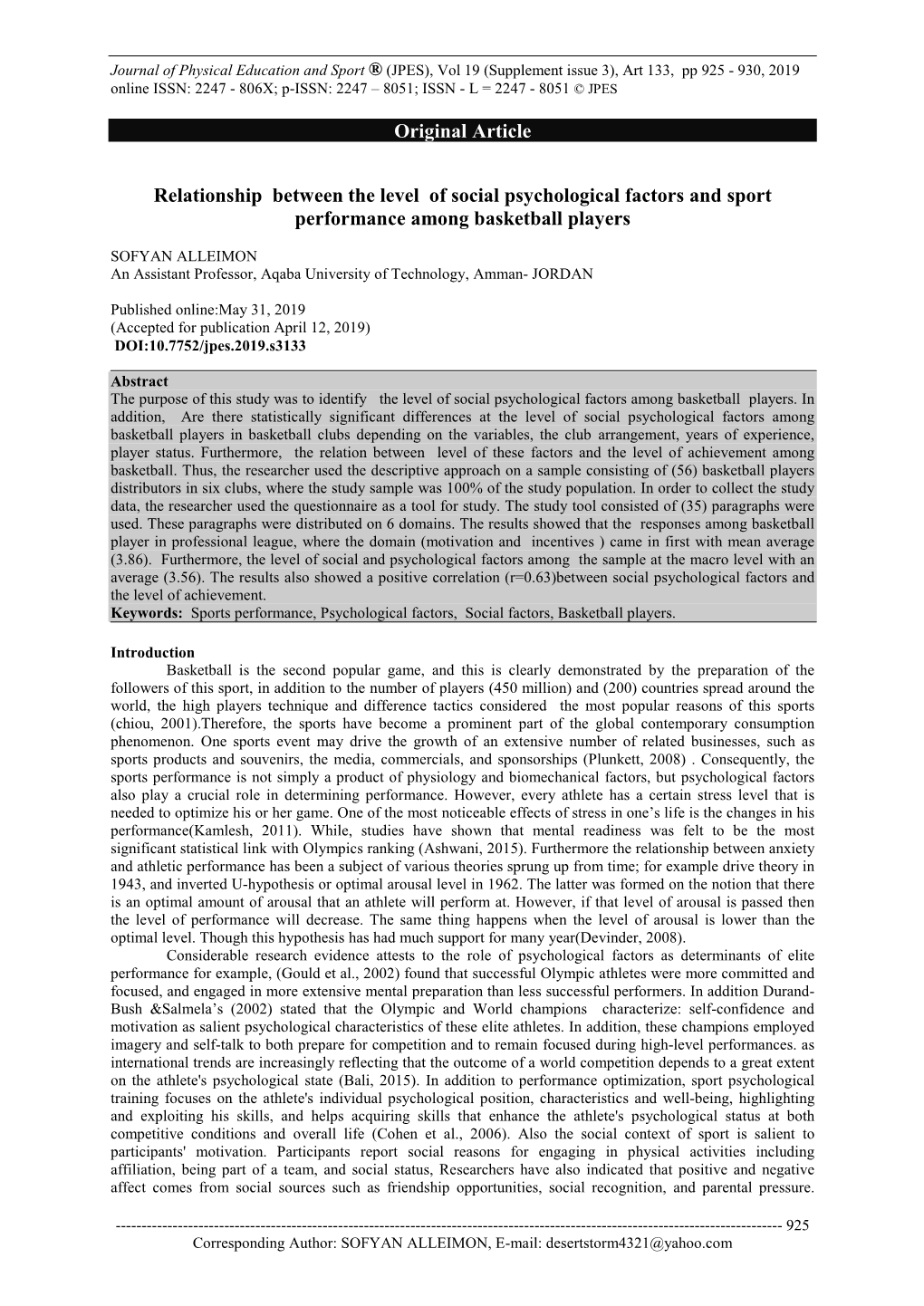 Original Article Relationship Between the Level of Social Psychological