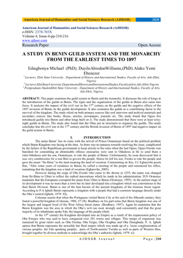 A Study in Benin Guild System and the Monarchy from the Earliest Times to 1897