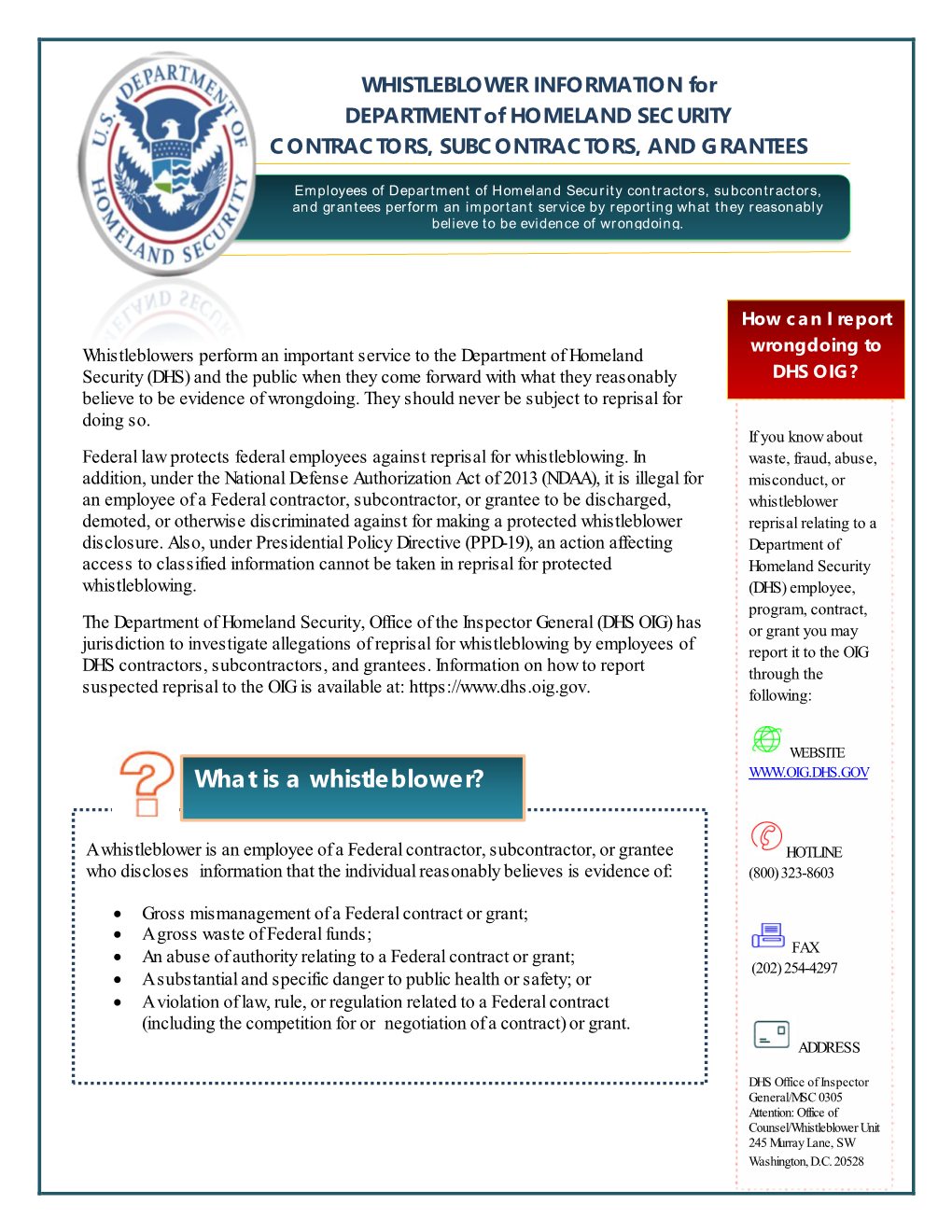 WHISTLEBLOWER INFORMATION for DEPARTMENT of HOMELAND SECURITY CONTRACTORS, SUBCONTRACTORS, and GRANTEES