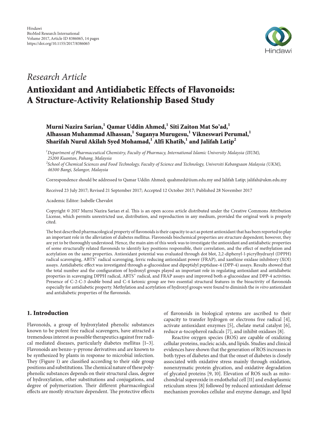 Research Article Antioxidant and Antidiabetic Effects of Flavonoids: a Structure-Activity Relationship Based Study