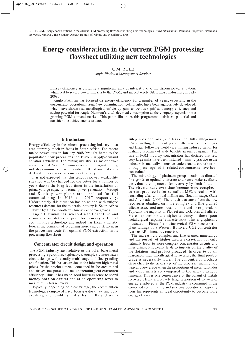 Energy Considerations in the Current PGM Processing Flowsheet Utilizing New Technologies