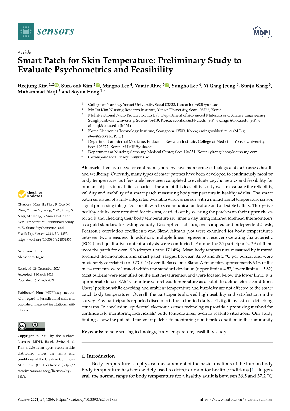 Smart Patch for Skin Temperature: Preliminary Study to Evaluate Psychometrics and Feasibility