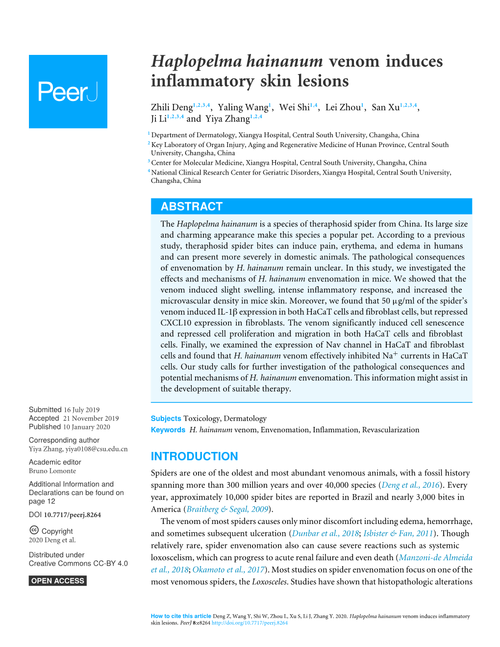 Haplopelma Hainanum Venom Induces Inflammatory Skin Lesions