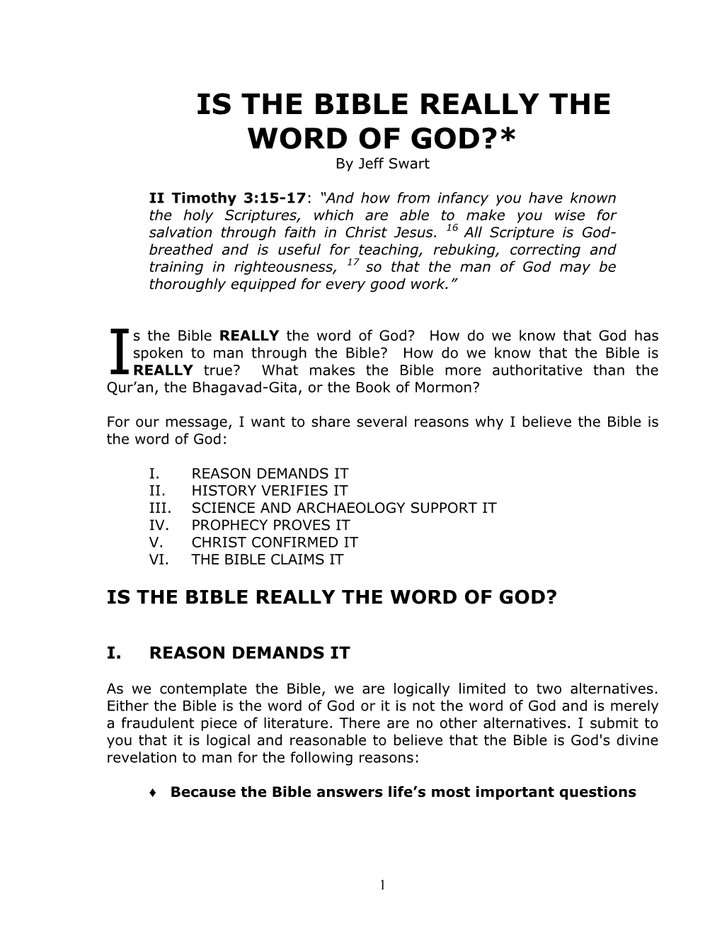 IS the BIBLE REALLY the WORD of GOD?* by Jeff Swart