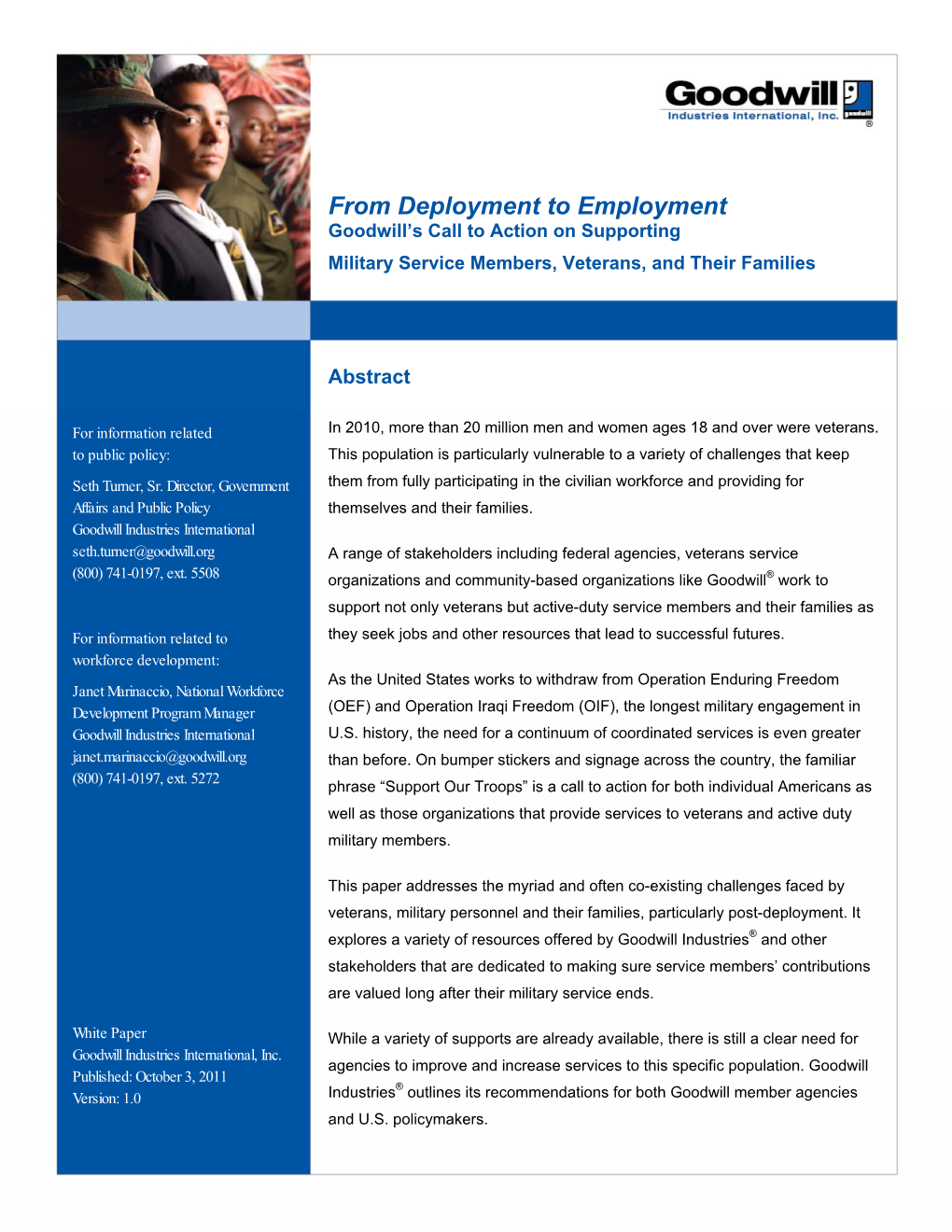 From Deployment to Employment Goodwill’S Call to Action on Supporting Military Service Members, Veterans, and Their Families