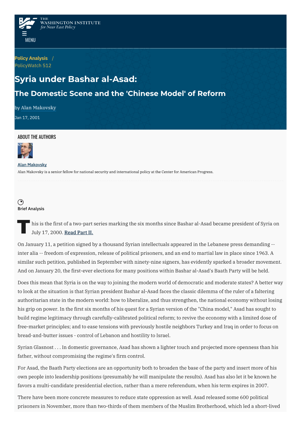 Syria Under Bashar Al-Asad: the Domestic Scene and the 'Chinese Model' of Reform by Alan Makovsky